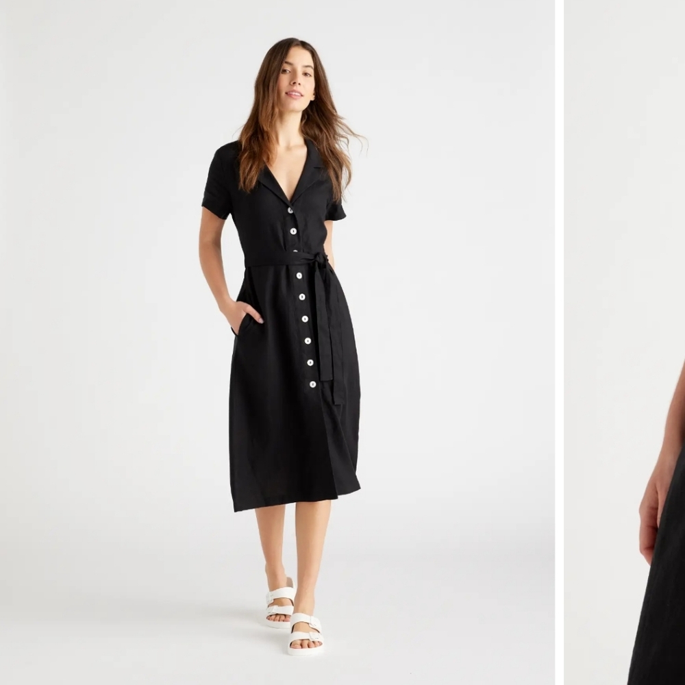 Quince Black Button-Front Linen Midi Dress - NO BELT!